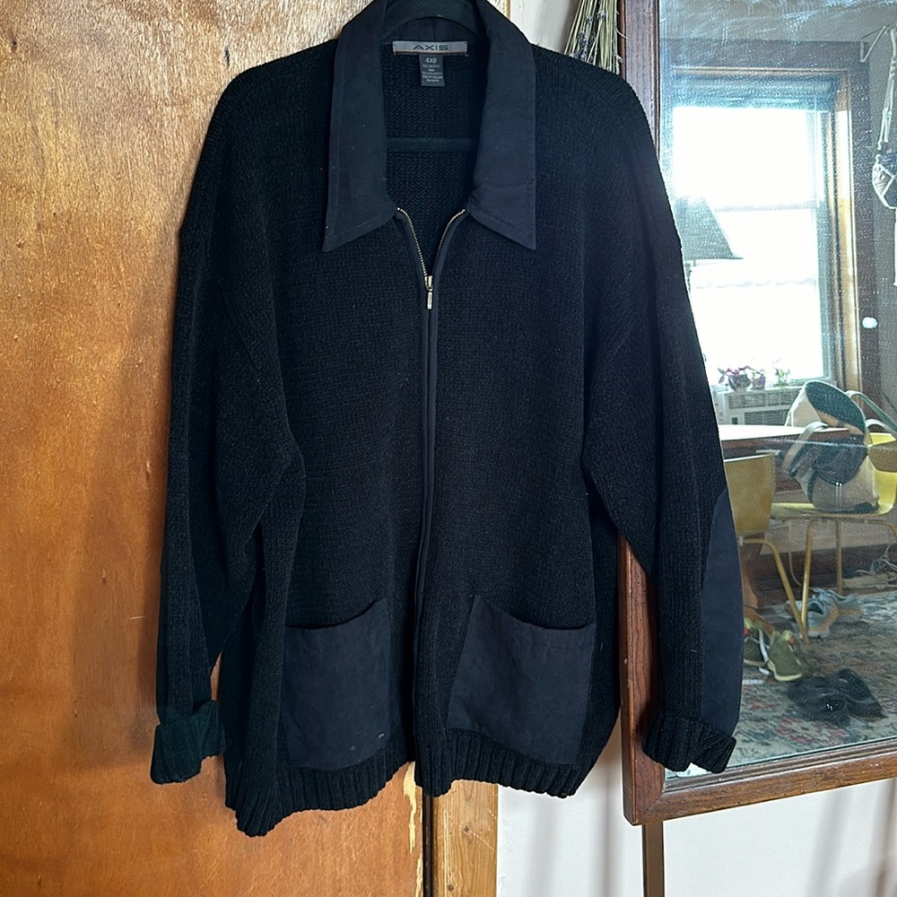 Knit with suede feel collar, pockets, and elbow patches